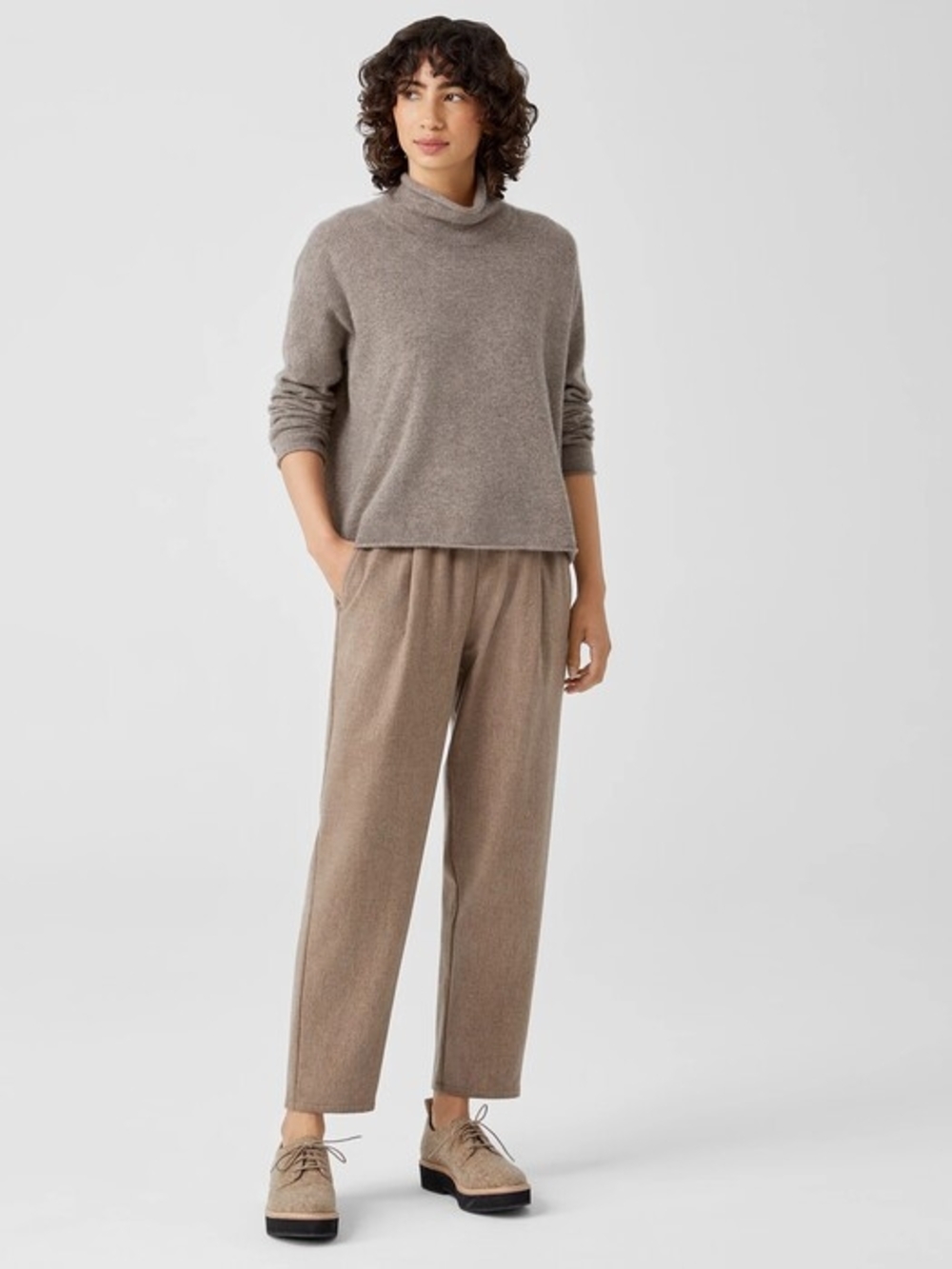 Eileen Fisher Soft Wool Flannel Pleated Tapered Pant 2X Brown